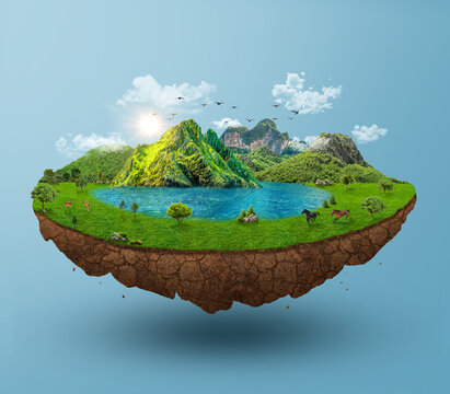 Floating Island With Lake And Beautiful Landscape. 3d Illustration Of Flying Land Green Forest With Trees, Mountains, Animals, Water Isolated With Clouds.