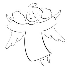 cute smiling soaring angel with hands raised to heaven, black outline