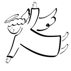 smiling flying angel looks down and points to heaven, black outline on white background