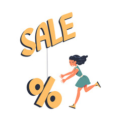 Woman Character Chasing After Discount Percentage Sign on Hook Vector Illustration