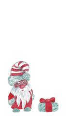 Dark-skinned santa claus in a red outfit with fur and a Christmas present. Watercolor isolated drawings for your holiday design