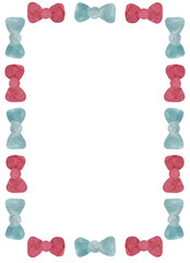 Rectangular frame of ordered blue and red bows. Watercolor isolated illustration