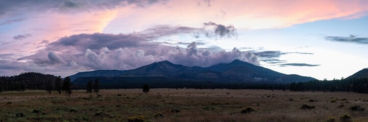 A panoramic view of the sunset over the mountains near Flagstaff, Arizona