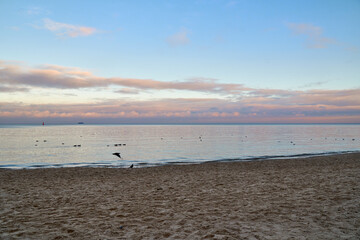 winter beach at sunset