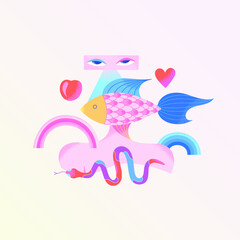 Psychedelic surreal illustration. Fish with a female body and a snake. Contemporary art. Print for clothes, phone case, poster, notebook