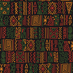 African ethnic tribal clash ornament seamless pattern background. Simple hand drawn symbols background in traditional African colors - black, red, yellow, green. Kwanzaa decorative print