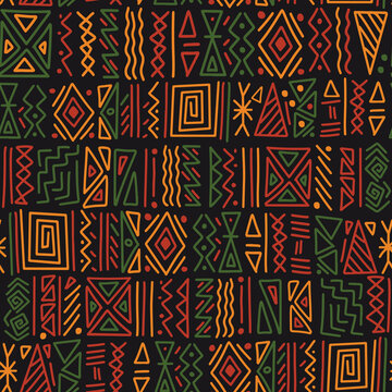 African ethnic tribal clash ornament seamless pattern background. Simple hand drawn symbols background in traditional African colors - black, red, yellow, green. Kwanzaa decorative print