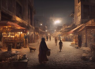 Naklejka premium illustration busy street inside a ancient mesopotamian village, night time, roadside, middle eastern style
