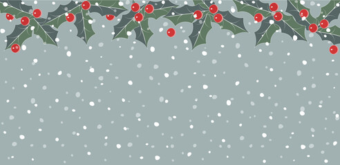 Weihnachtskarte mit Ilex Zweige, Beeren
und Schneeflocken, weiße Weihnacht,
Vektor Illustration Banner Hintergrund
