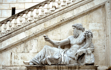 River God of the Nile statue outside Palazzo Senatorio designged by Michelangelo in Piazza Campidoglio. 