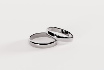 Silver wedding rings on a light background. Wedding concept, propose. Jewelry making concept. 3D render, 3D illustration.
