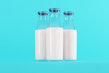 Retro bottles with milk on a blue background. The concept of drinking milk, healthy eating. 3D render, 3D illustration.