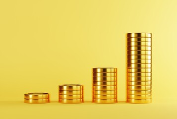 A dime of coins on a yellow background from the smallest to the largest amount. Gold coins, business and financial concept. 3D render, 3D illustration.
