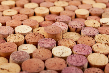 Old wine cellar, used wine corks, close-up. Selective focus, Design element. Wine stoppers. Design  for menu cover or wine tasting invitation