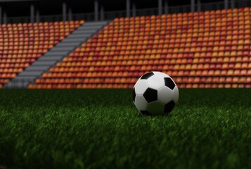 Soccer ball on the grass in the field at the stadium. The concept of winning soccer tournaments. Competition on the soccer field. 3D render, 3D illustration.