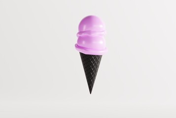 Ice cream in a black waffle on the ground and light background. The concept of eating ice cream, cooling down. Modern ice cream with a black waffle. 3D render; 3D illustration.