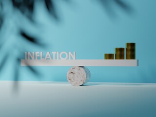 Ramp with the inscription INFLATION on one side and coins on the other side. The concept of inflation, problems with rising costs, less products for the same money. 3D render; 3D illustration.