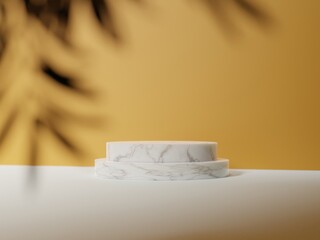 A marble landing on a light background with a leaf shadow. The concept of product presentation, product insertion, abstract platform. 3D render; 3D illustration.