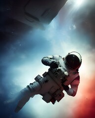 poster art by astronaut in futuristic spaceship. flight to the moon 