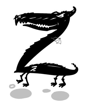 black cartoon dragon drawn in a minimalistic manner in the shape of the letter z