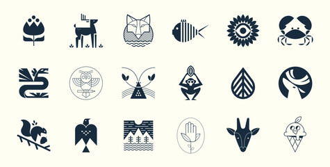 Logo collection. Nature and Animal logos. Isolated elements. Vintage badge design. Brand identity set. Black and White. Geometric animals. Minimal vector illustrations with ethnic influence. Emblems.