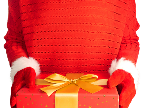 woman in red sweater and santa claus gloves holds a christmas or new year present isolated on white, png. Red present gift box in hands of santa. xmas web banner with copy space for the text.
