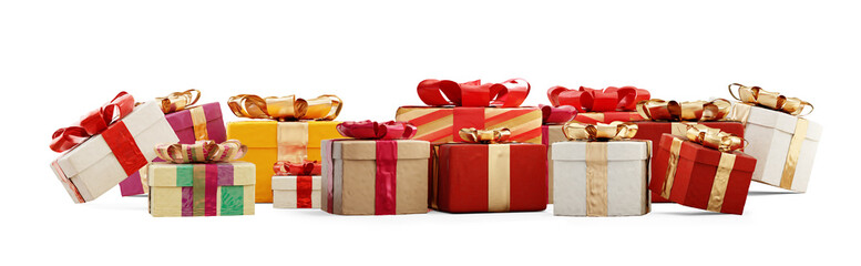 festive christmas gifts, presents boxes in a row 3d-illustration