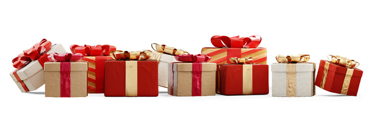 festive christmas gifts, presents boxes in a row 3d-illustration