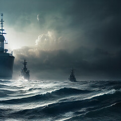 Warship at sea during the night watch. 3D illustration	