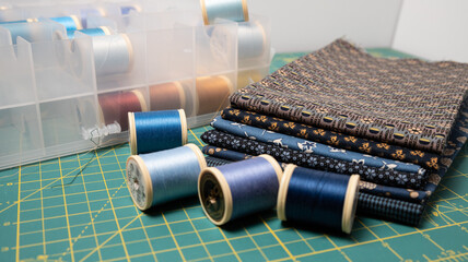 Sewing thread, colored fabric with various patterns and colors for sewing, quilting and crafts.