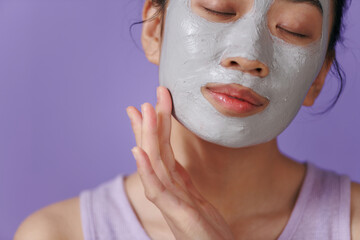 Young woman applying facial gray mud clay mask to her face