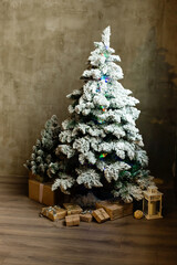 Beautiful holiday decorated room with Christmas tree and bright lights. Christmas background.