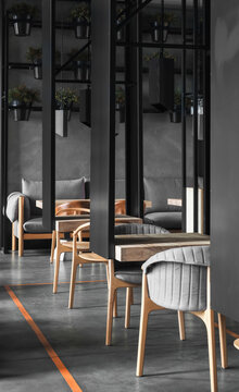 Gray chairs and wooden tables