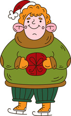 Cute doodle boy in warm clothes with gift. Merry Christmas art