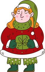 Cute girl in winter clothes and Santa hat. Christmas doodle art