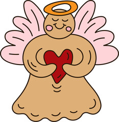 Cute gingerbread angel with heart, doodle illustration for Christmas