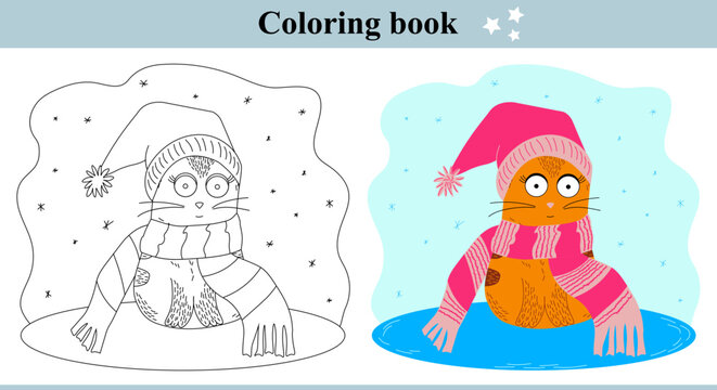Coloring book with red cat in a hat and scarf