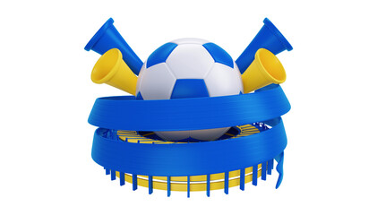 Selo 3D para copa do mundo, Estádio de futebol com cornetas e bola de futebol © Vitor