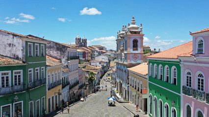 Wonderful panoramic view of Pelourinho, the historic district of Salvador with colorful colonial...