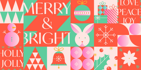 Christmas and Happy New Year greeting banner template.Festive vector background in bauhaus style with traditional winter holiday symbols.Xmas trendy design for branding,invitations,prints,social media