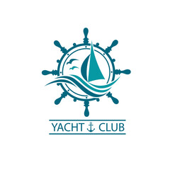 icon of sailing yacht, helm and ocean waves with seagulls