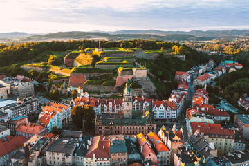 Top view of the old town in Klodzko, a city at the foot of the fortress, a beautiful Polish cityscape at sunset