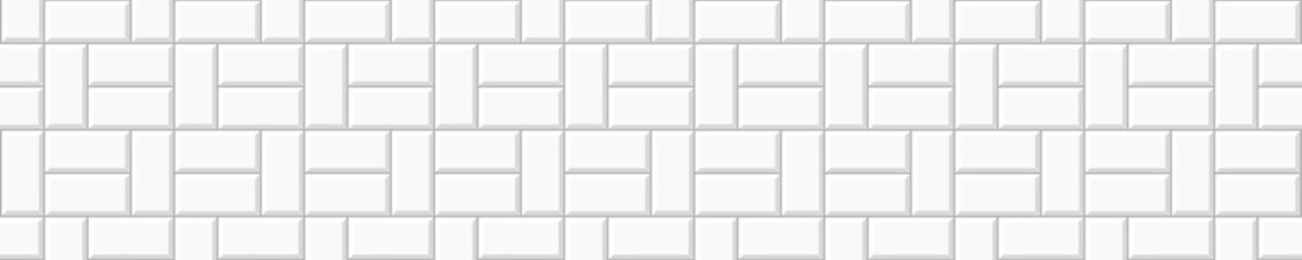 White basketweave tile layout. Stone or ceramic brick wall background. Kitchen backsplash mosaic texture. Bathroom, shower or toilet floor decoration. Sidewalk texture. Vector flat illustration