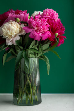 Bouquet of peony flowers on green background