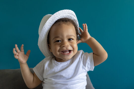 Happy Smiling One Year Old Baby Portrait In Hat, Fashion Child Boy