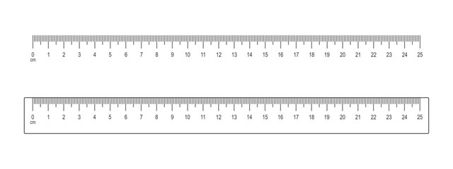 25 cm ruler and scale isolated on white background. Math or geometric tool for distance, height or length measurement with markup and centimetres numbers. Vector outline illustration.