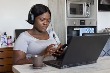 procrastination, woman using internet on smartphone, wears headphones