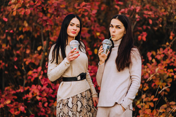 A beautiful young brunette woman and her friend, a smiling long-haired sister, are standing in nature in autumn with plastic cups with a drink and a straw. Photography, friendship, portrait.