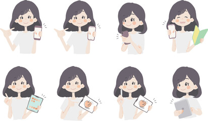 【ガジェットイラスト/スマホ、タブレットを持っている女の子】表情とポーズのバリエーションセット