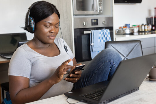 social media, woman using internet on smartphone, listen music